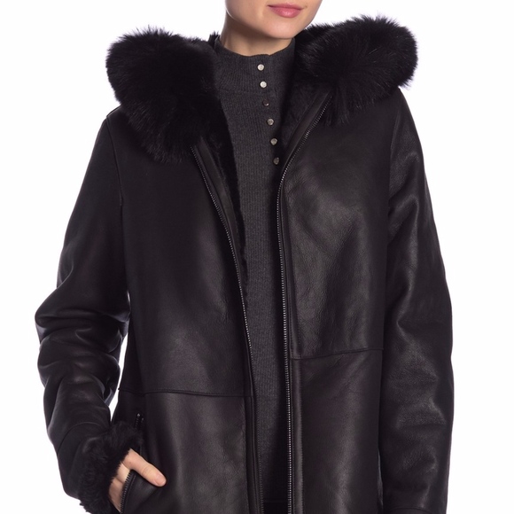 Blue Duck Jackets & Blazers - BLUE DUCK Fox Fur-Trim Sheepskin Hooded Jacket